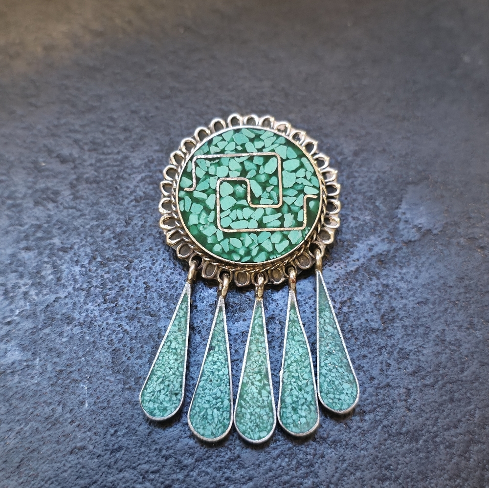 Turqouise Mosaic 925 Silver Mexico Taxco Brooch And Pendant